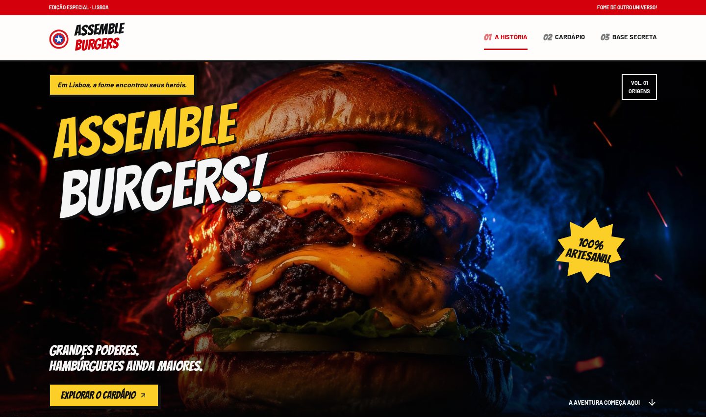 Capa do website em estilo banda desenhada com um hambúrguer duplo