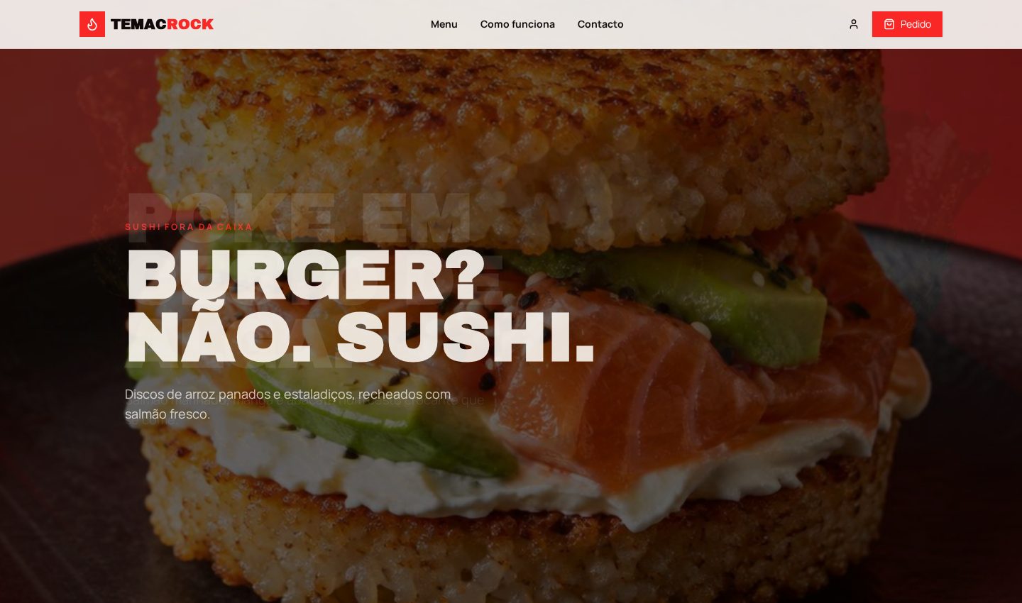 Secção de produto da loja online de sushi com fotografia de um burger de arroz