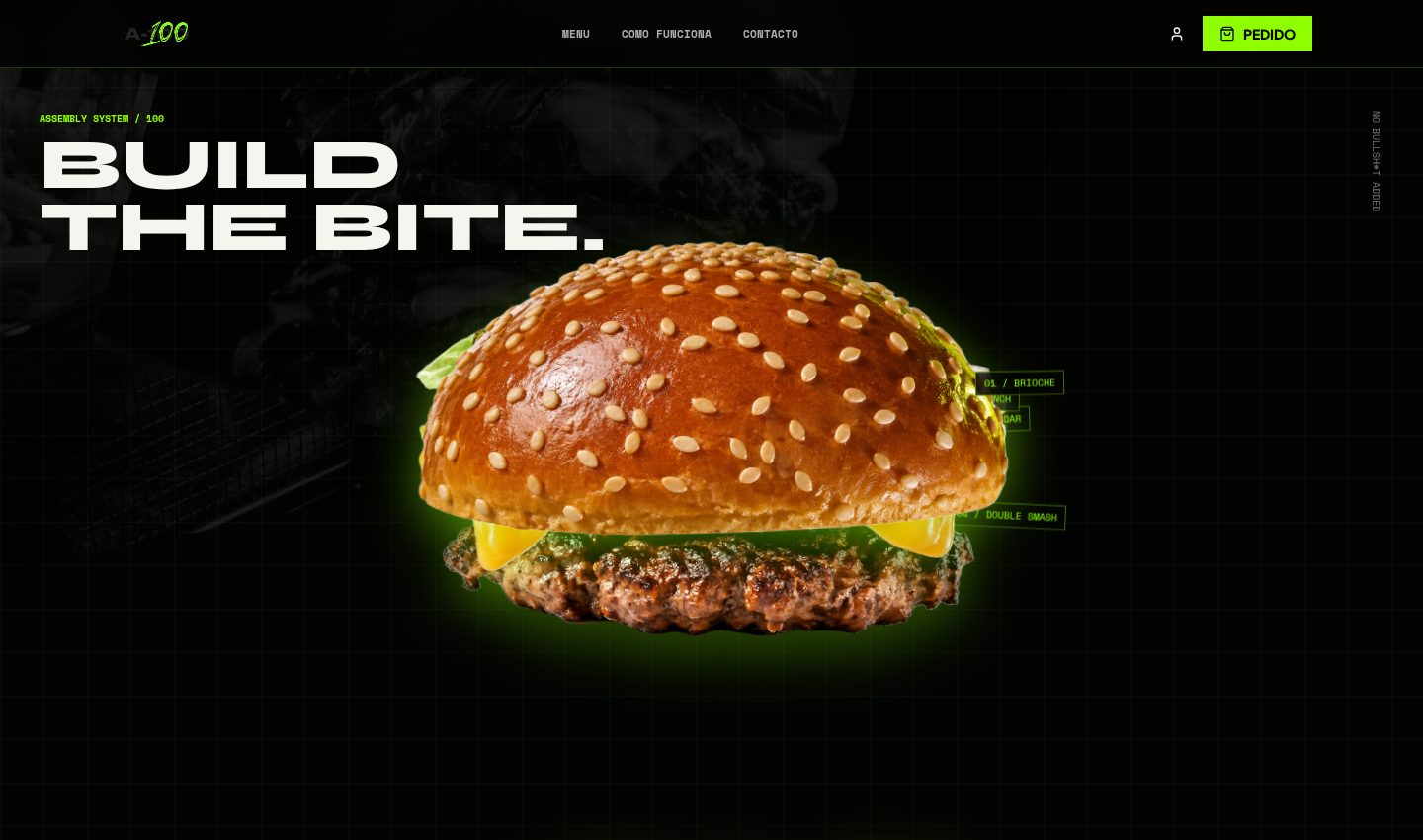 Secção inicial com hambúrguer em destaque e o título Build the bite